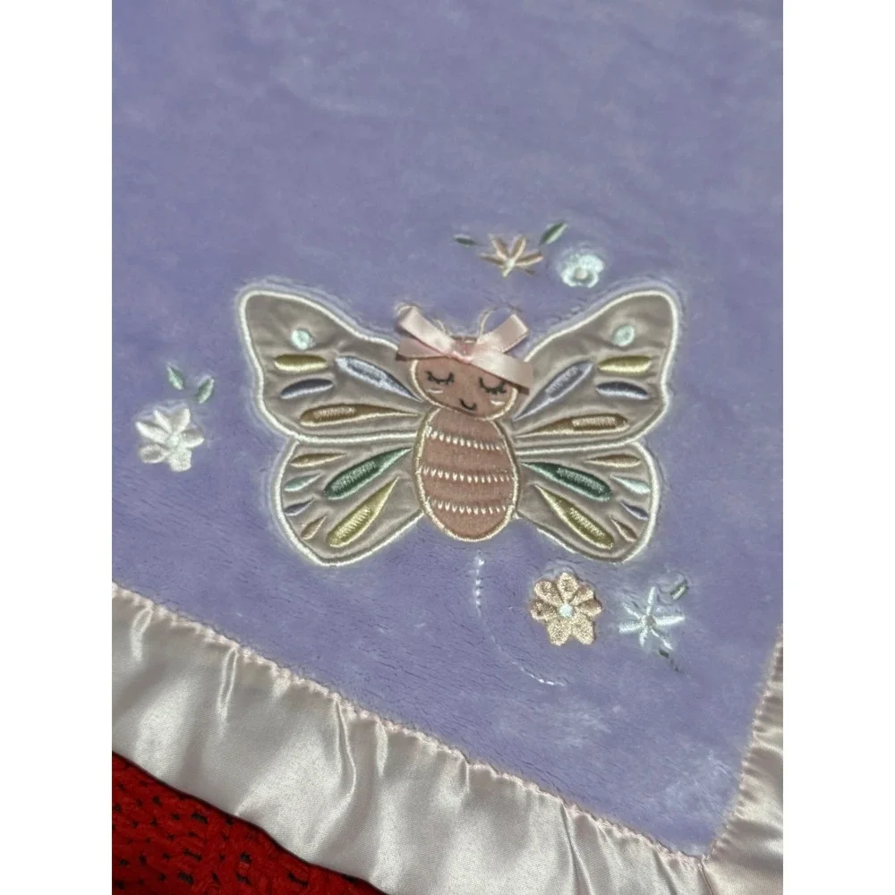 Lullaby Lane Purple Butterfly Baby Blanket Pink Satin Ruffle Trim Plush Fleece